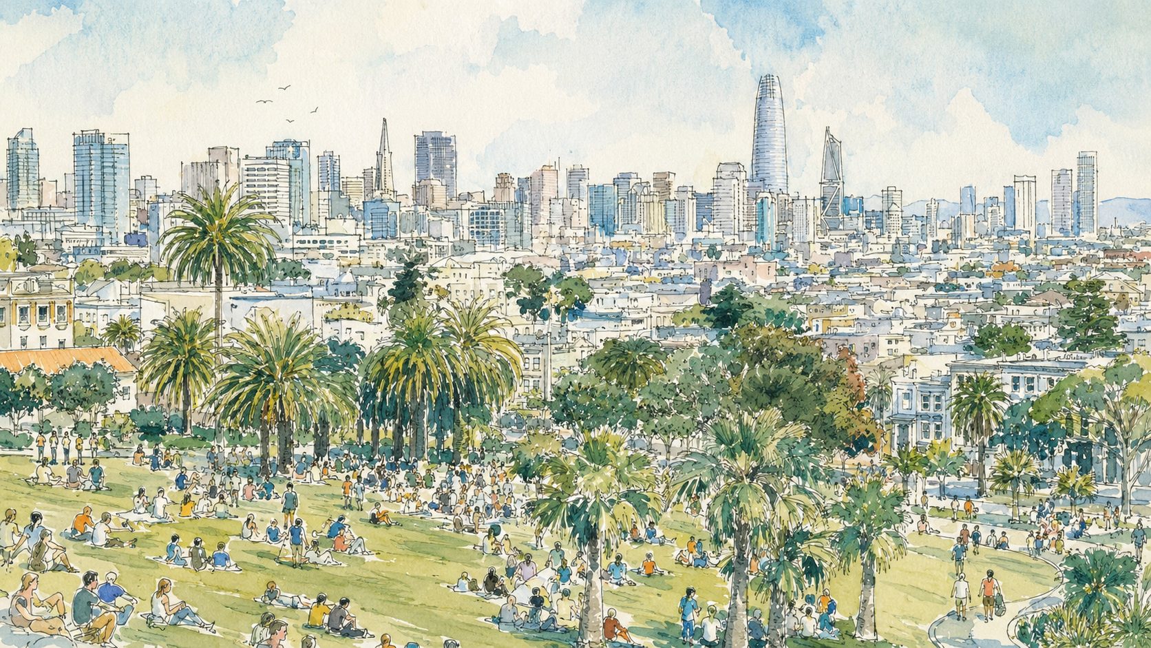 Watercolor illustration of Dolores Park, San Francisco, with the city skyline beyond